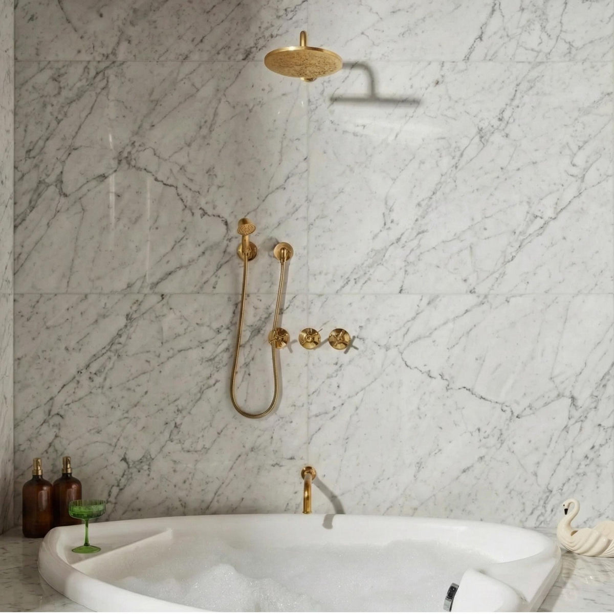 Unlacquered Brass Shower System - Rainfall Head & Handheld Spray