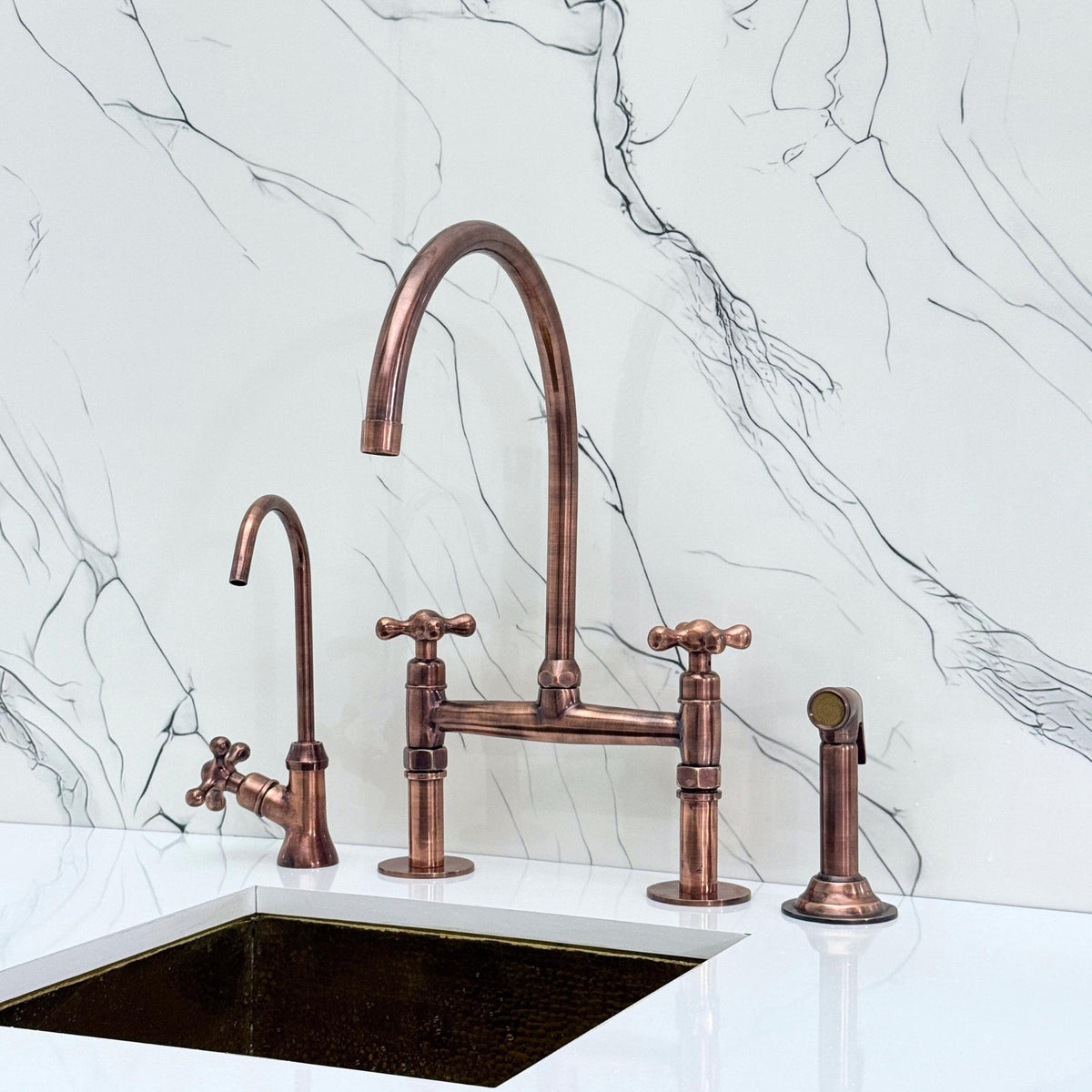 Antique Copper Bridge Faucet with Sprayer, Drinking Water Tap and Cross Handles