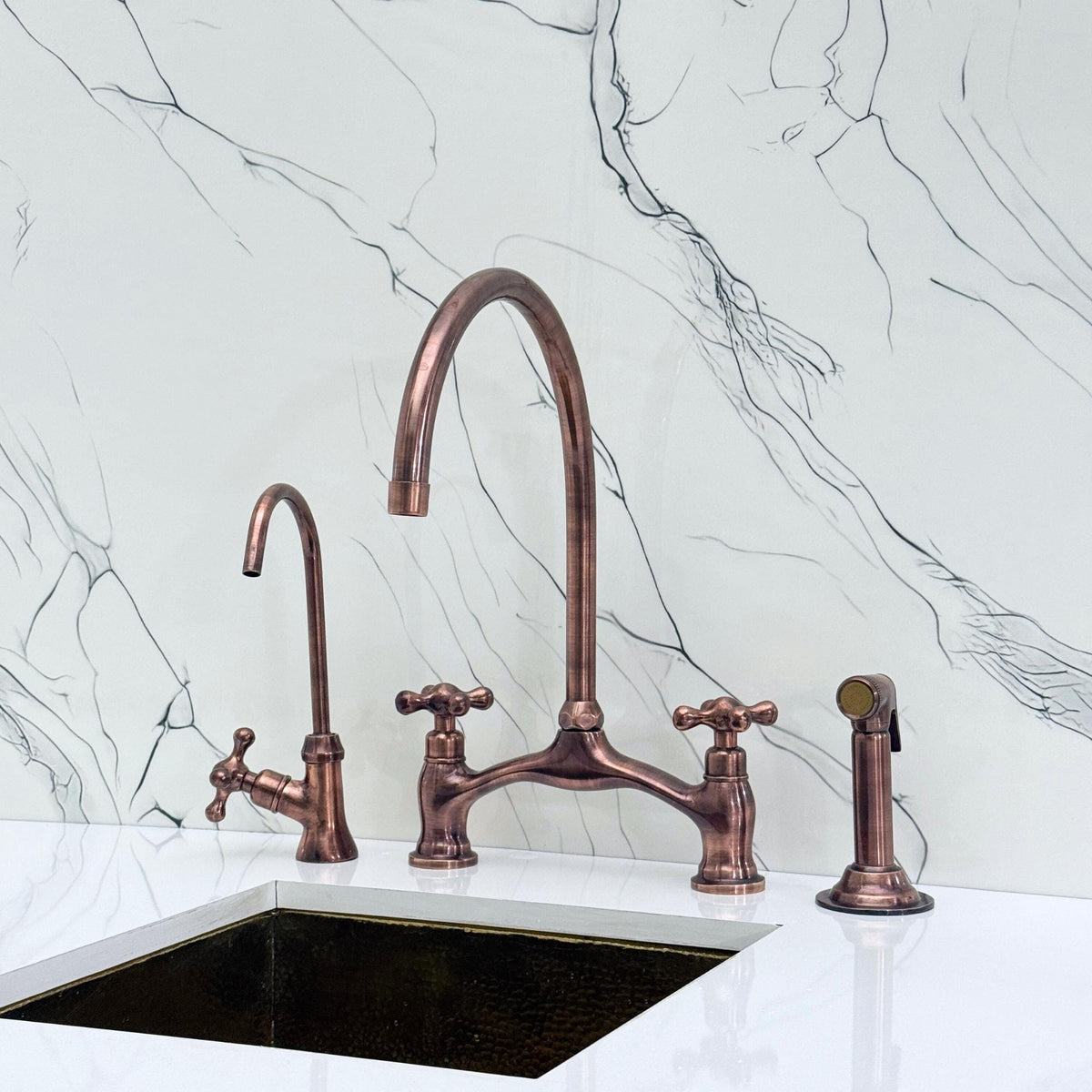 Antique Copper Kitchen Bridge Faucet with Sprayer, Drinking Water Tap and Cross Handles