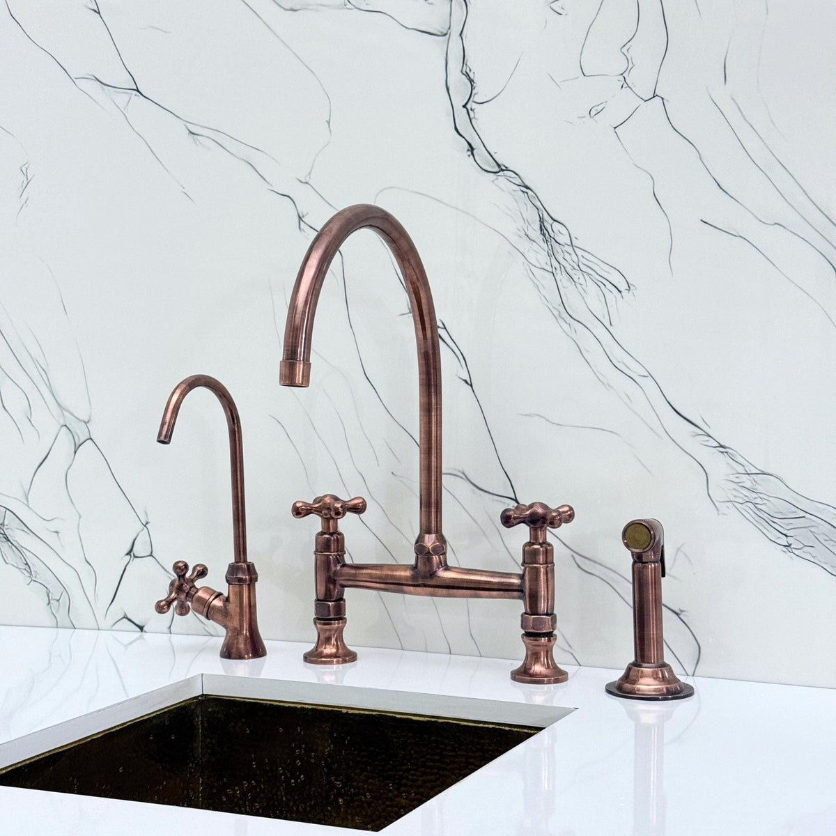 Antique Copper Bridge Kitchen Faucet with Sprayer, Drinking Water Tap and Cross Handles