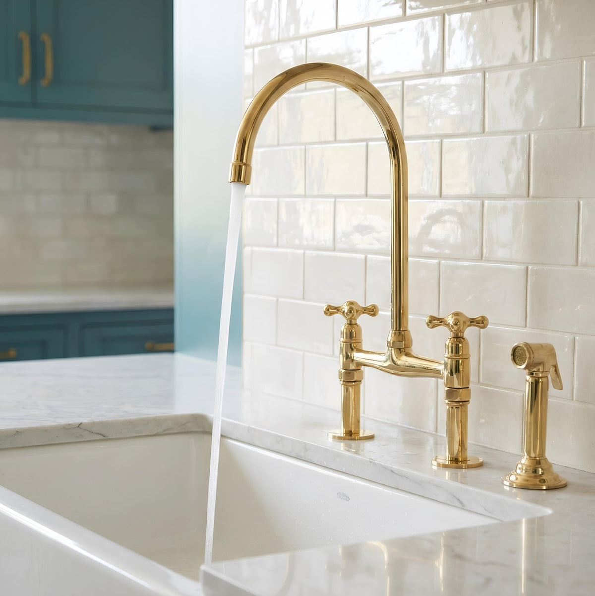 Solid Brass Kitchen Faucet with Side Sprayer, Vintage Gold Farmhouse Faucet, Bridge Faucet for Kitchen Sink, Handmade Br