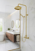 Antique Brass Exposed Pipe Shower System, Unlacquered Brass Shower System with Brass Handheld Shower Outdoor Shower Fauc