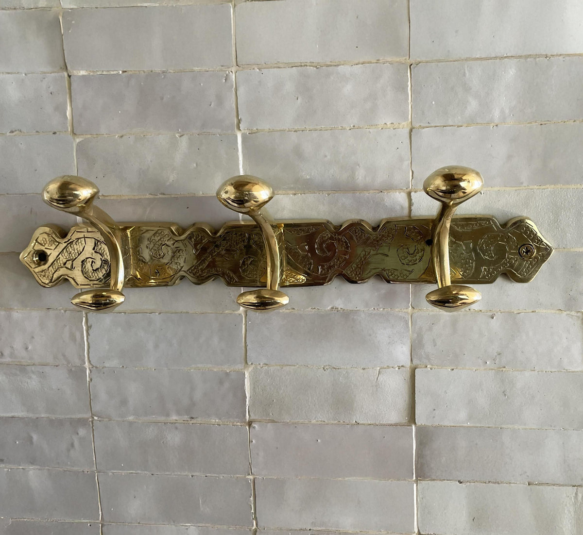 Unlacquered Brass Wall Hook Rack – Handmade 3-Hook Towel or Robe Rack, Solid Brass Bathroom Hanger, Vintage Moroccan Dec