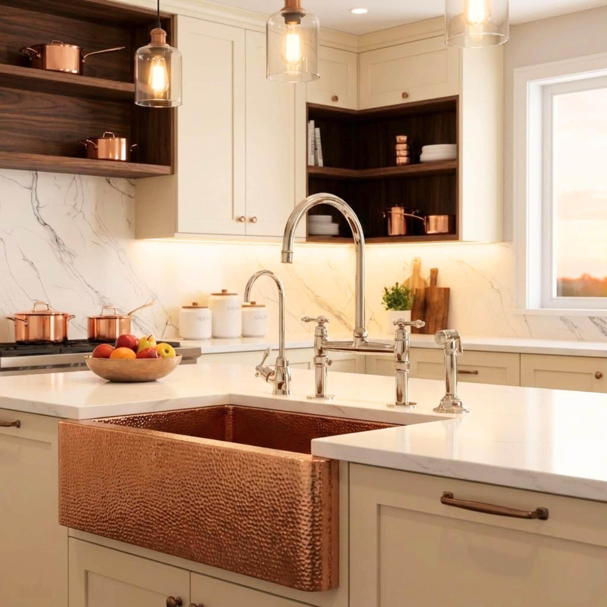 Polished Nickel Kitchen Bridge Faucet with Sprayer, Cold Water Faucet and Lever Handles