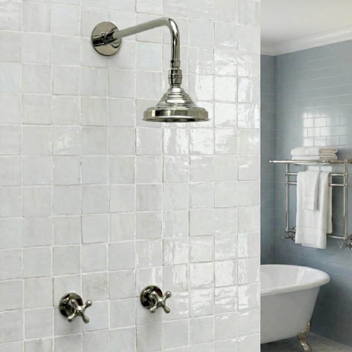 Polished Nickel Rain Shower System, Cross Handles