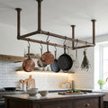 Ceiling Copper Pot Rack – Handmade Hanging Cookware Rail for Kitchen Island Storage with Hooks