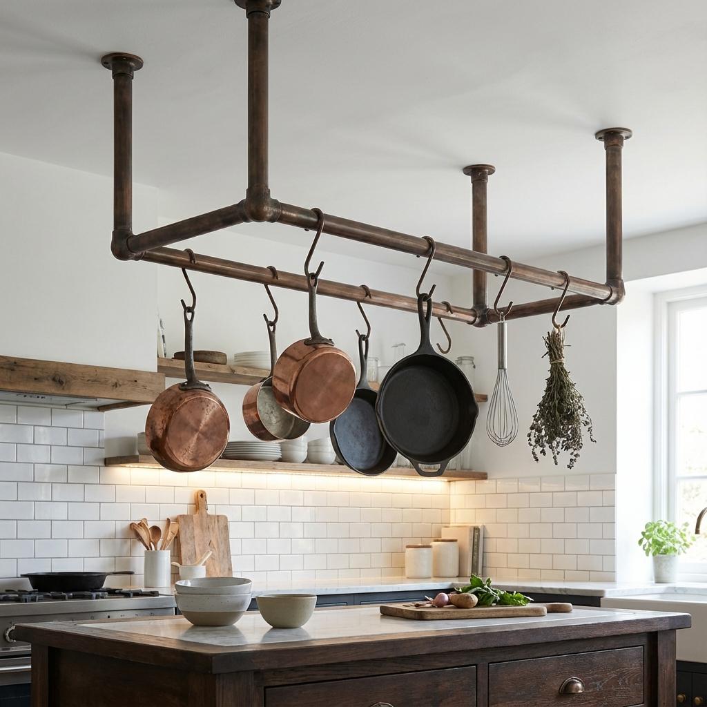 Ceiling Copper Pot Rack – Handmade Hanging Cookware Rail for Kitchen Island Storage with Hooks