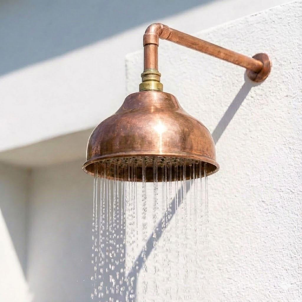 solid copper rain shower head – unlacquered handmade round showerhead, indoor-outdoor, 1/2" bsp/npt AU & USA