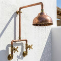 Unlacquered Solid Copper Outdoor Shower, Wall Mounted Rain Shower Head, Exposed Pipe, Handmade, Adjustable Height, 1/2''