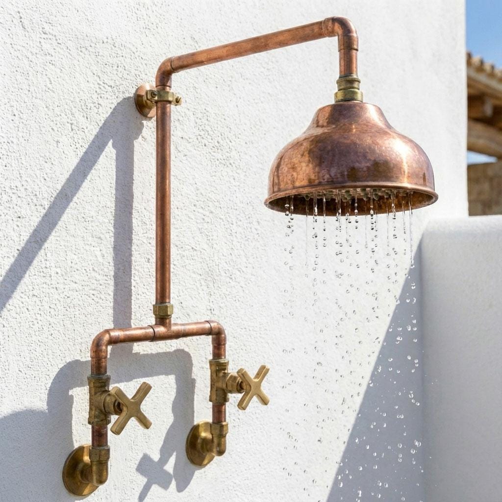 Unlacquered Solid Copper Outdoor Shower, Wall Mounted Rain Shower Head, Exposed Pipe, Handmade, Adjustable Height, 1/2''