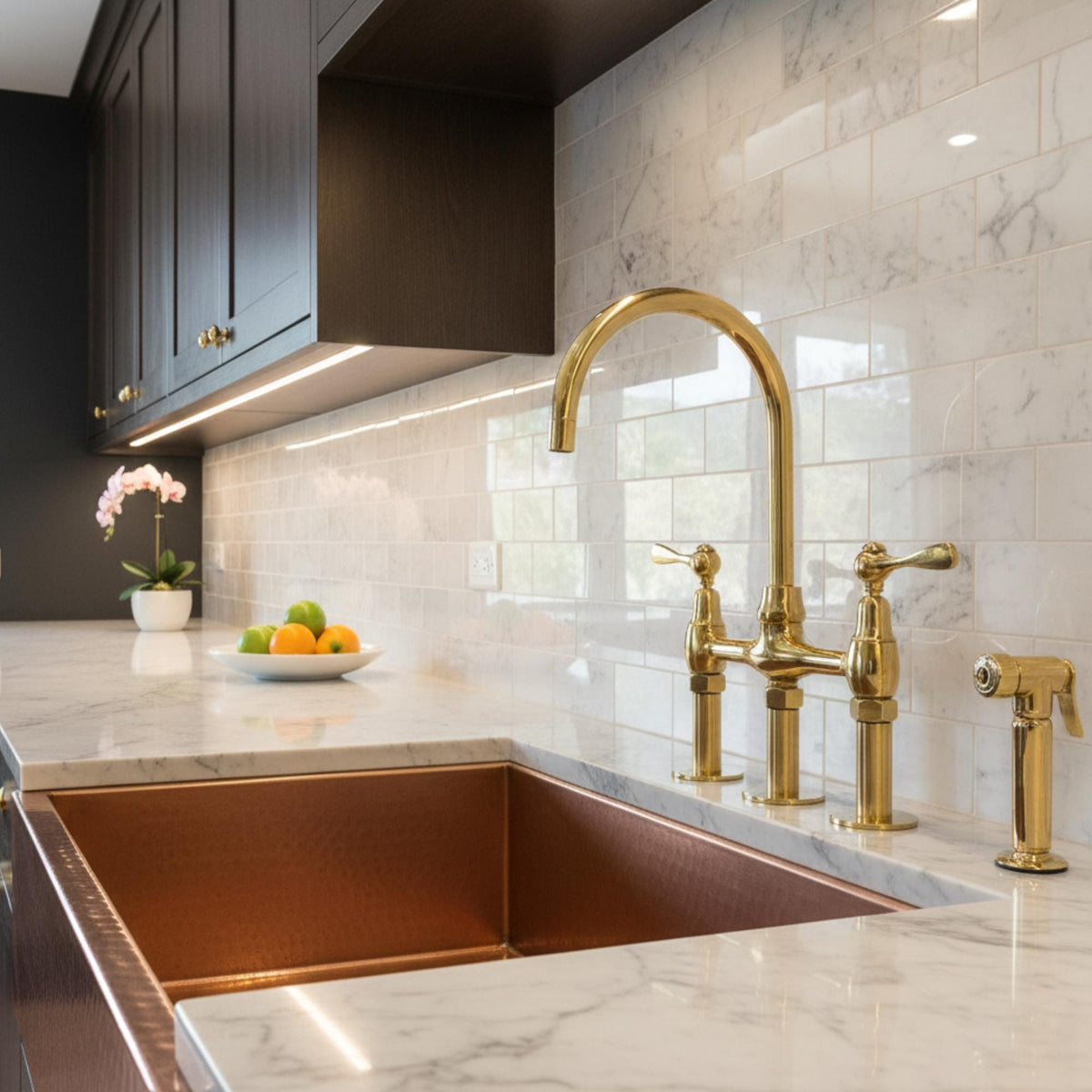 Unlacquered Brass Bridge Kitchen Faucet, 8" Spread Farmhouse Mixer, Vintage Style with Custom Reach
