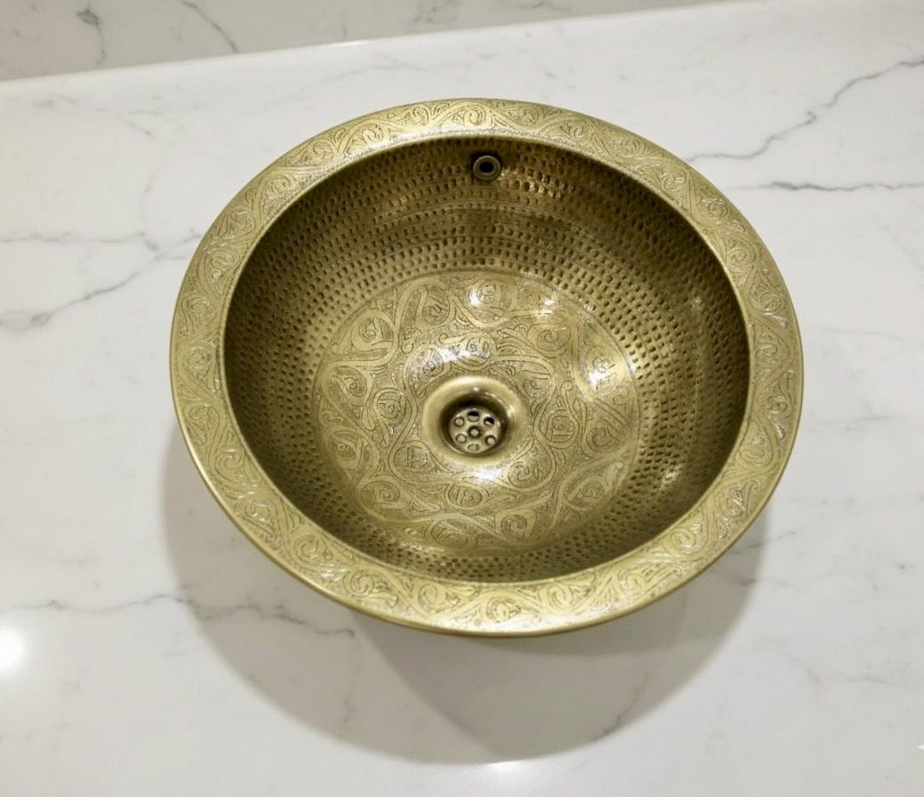 Handcrafted Brass Bathroom Sink – Custom Round Vessel Sink, Drop-In Bronze Finish, Engraved Mid-Century Style