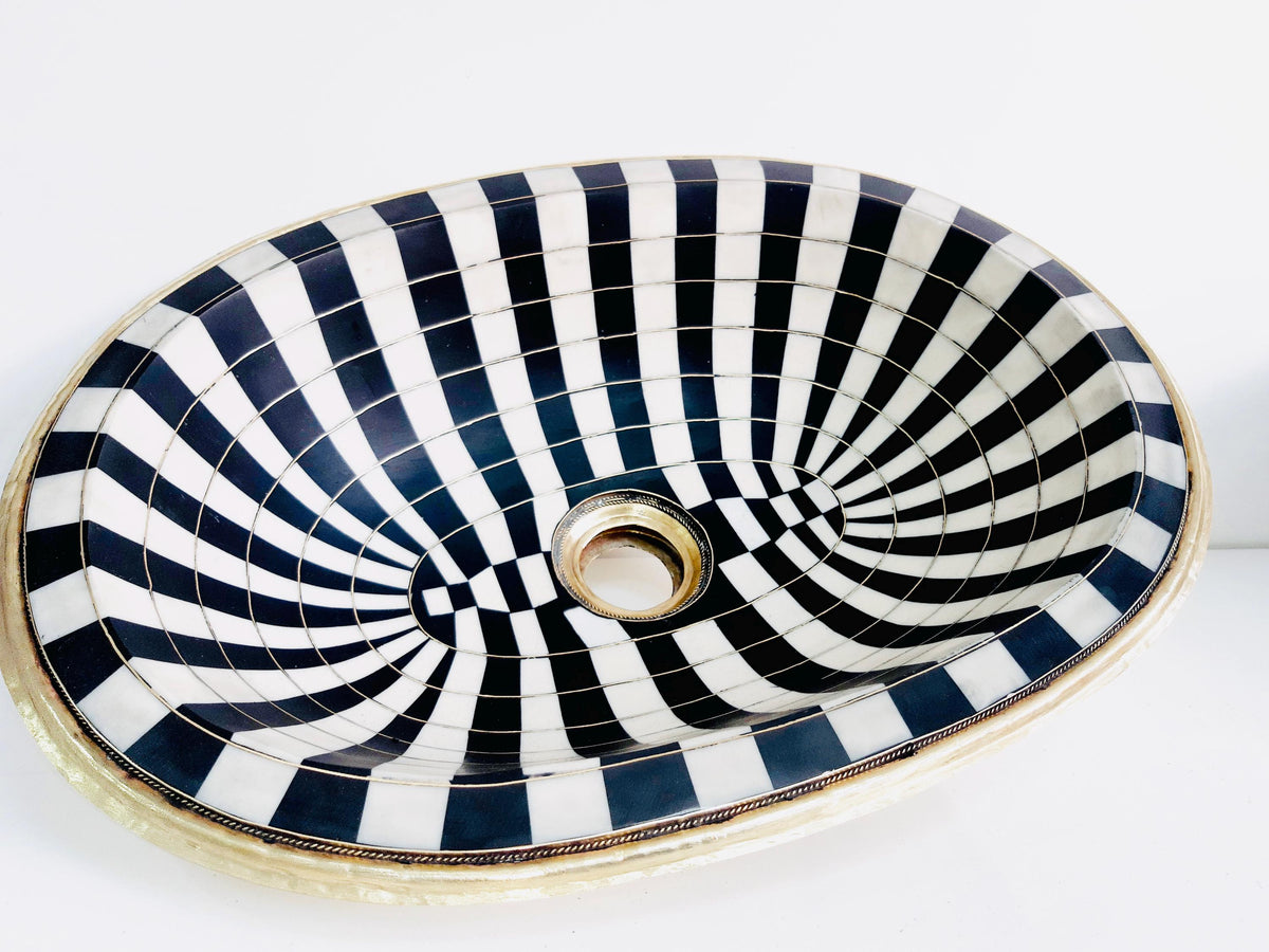 Moroccan Resin & Bone Inlay Drop-In Bathroom Sink, Handmade Brass Basin, Vintage Boho Vanity Sink for Elegant Home Decor