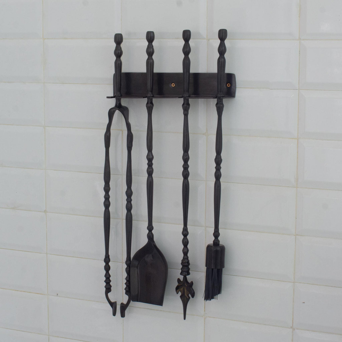 Solid Brass Black Wall-Mounted Fireplace Tool Set, Heavy Fire Tool Rack