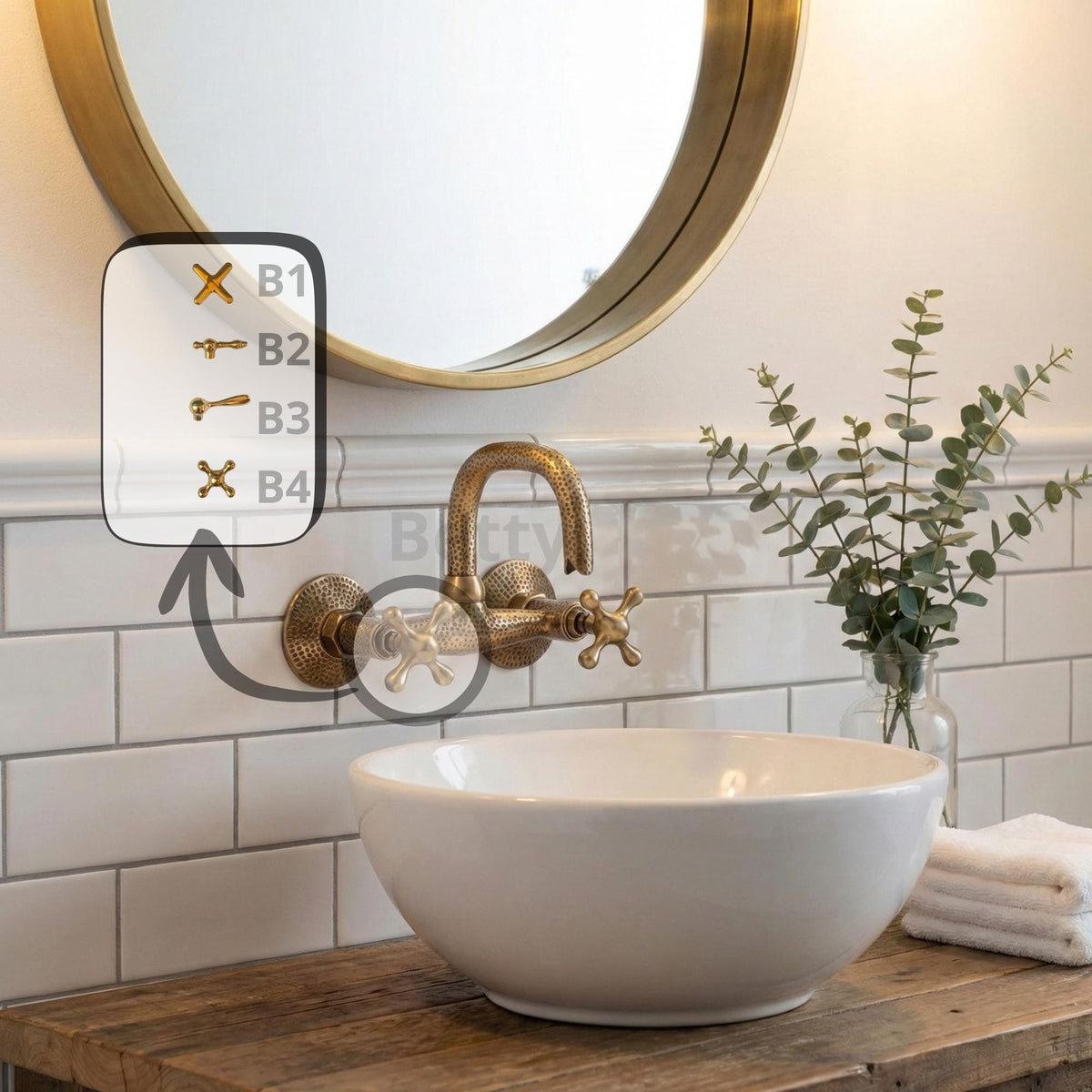 Hammered Brass Bathroom Faucet Wall Mount, Vessel Sink Tap