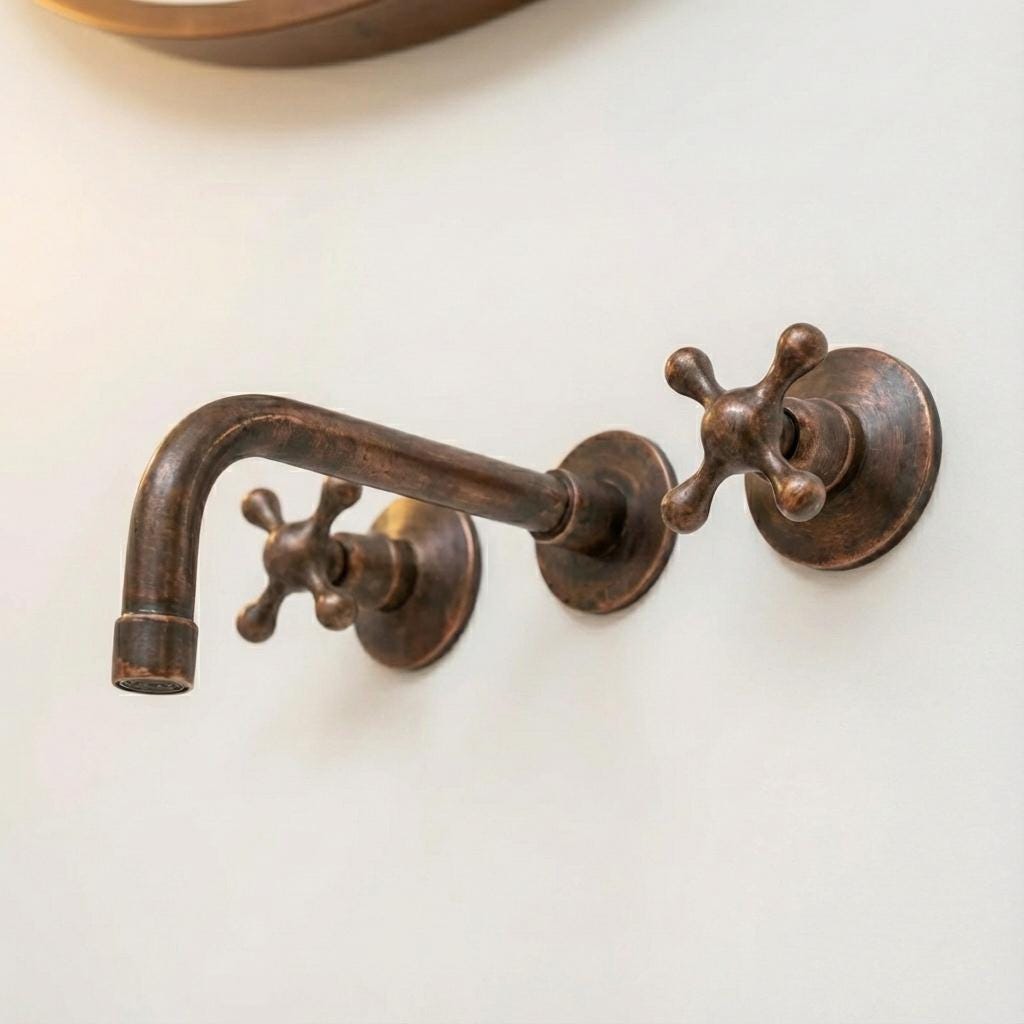 Aged Copper Wall Mount Bathroom Faucet, Oil Rubbed Bronze Vintage Tap