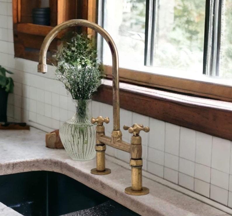 Antique Brass Kitchen Bridge Faucet - Unlacquered Solid Brass Sink Fixture with Various Handles And Straight Legs