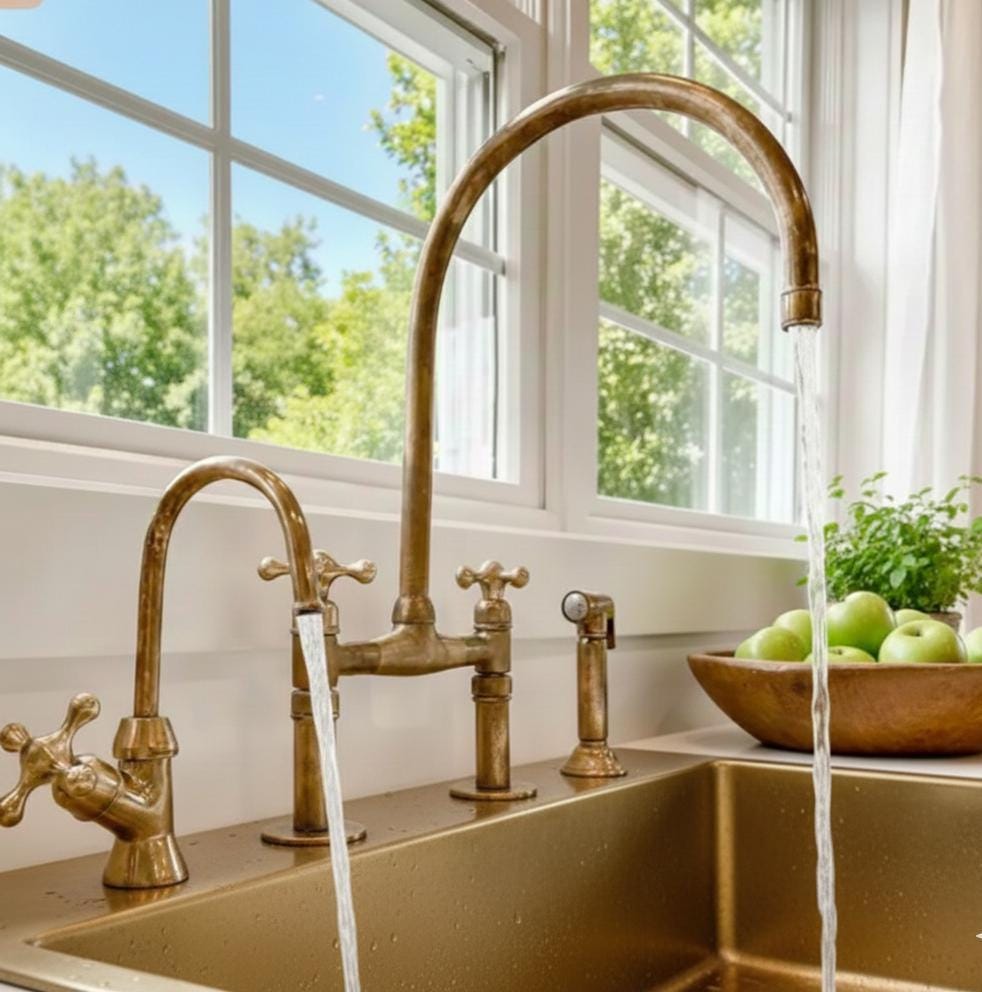 Unlacquered Solid Brass Bridge faucet for kitchen with Sprayer & Cold Tap