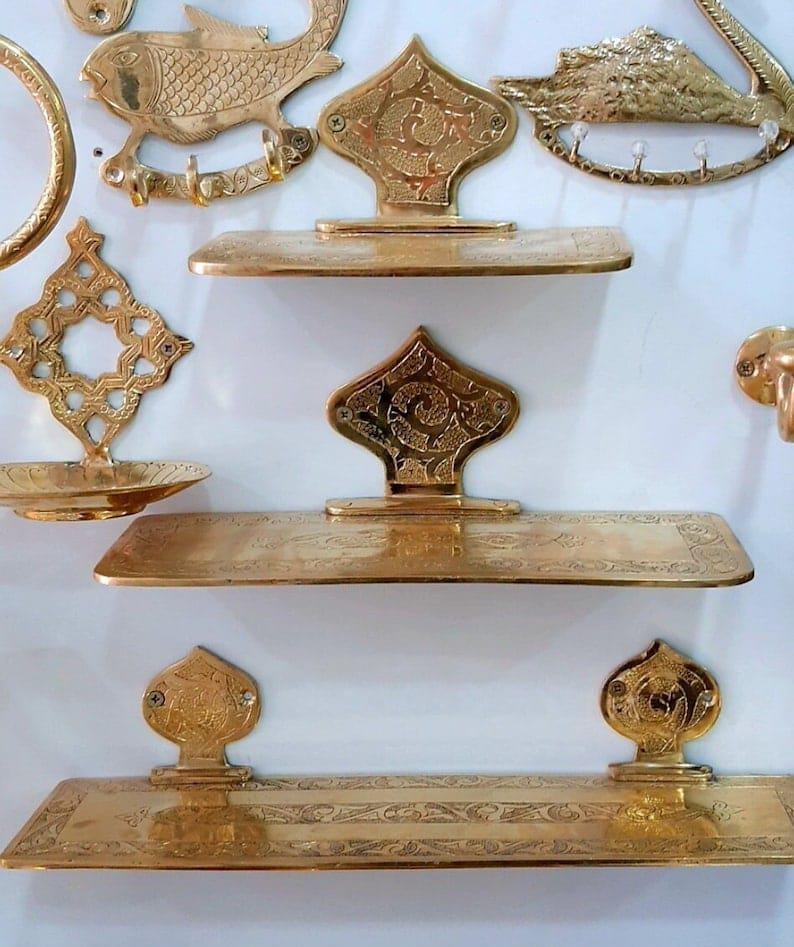 Unlacquered Brass Wall Bathroom Shelf, Handmade Shelves On Wall, Engraved Brass Wall Shelf For Shower