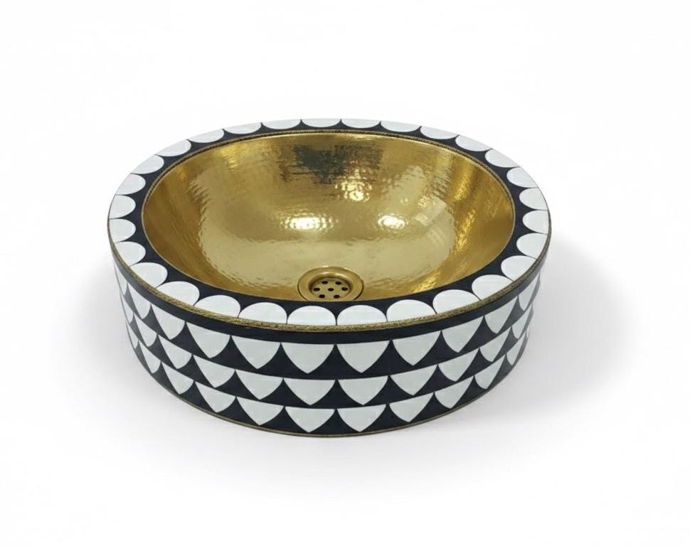 Moroccan Oval Resin Sink Black & White, Handmade Bathroom Basin, Luxury Vanity Bowl, Artisan Countertop Sink, Custom Siz