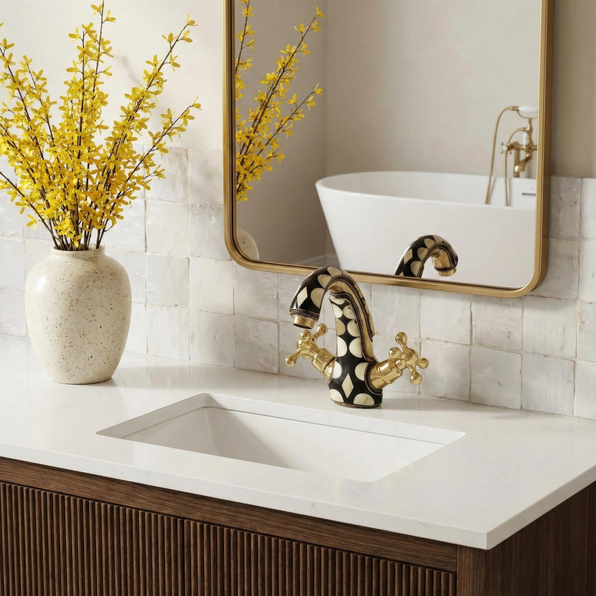 Handmade Brass Bathroom Faucet – Luxury Moroccan Brass Sink Tap with Decorative Inlay, Vintage Style Mixer
