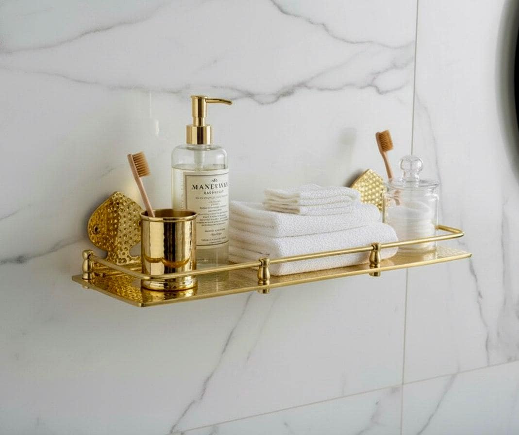 Handcrafted Hammered Brass Wall Shelf Moroccan Unlacquered Brass Bathroom Rack, Vintage Solid Brass Storage Shelf with R