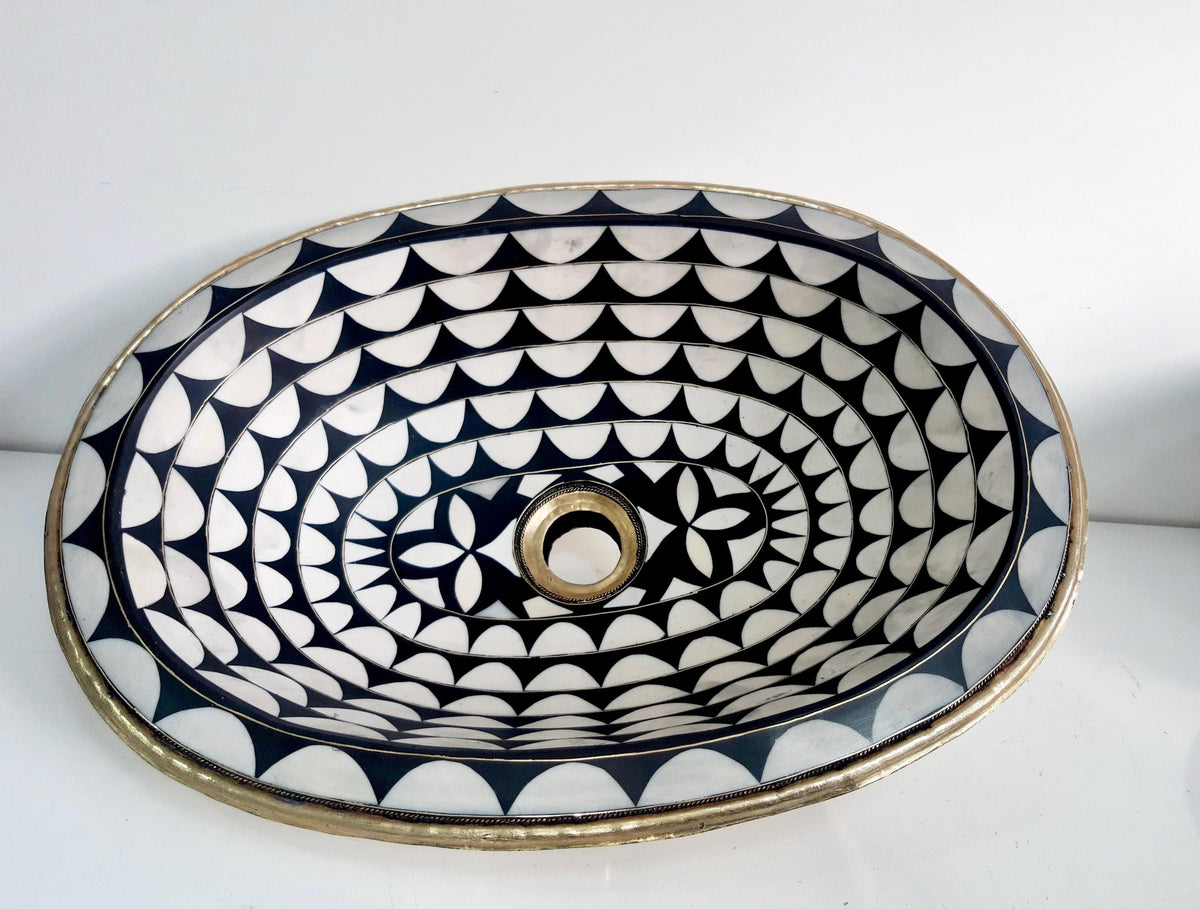 Moroccan Resin & Bone Inlay Drop-In Bathroom Sink, Handmade Brass Basin, Vintage Boho Vanity Sink for Elegant Home Decor