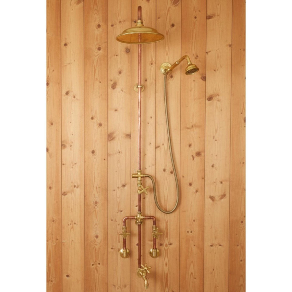 Solid Brass Rainfall Shower System – Unlacquered Copper, Vintage Tub Filler, Handheld Spray