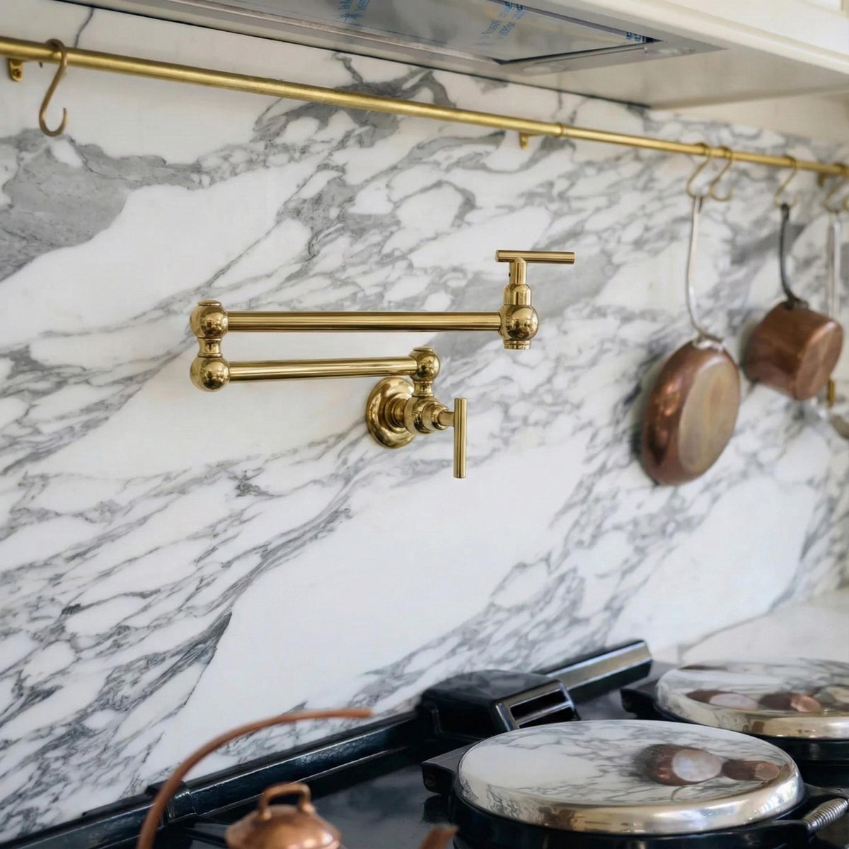 Unlacquered Brass Pot Filler with Lever Handles, Solid Brass Wall Mount Pasta Faucet