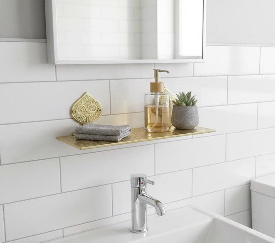 Unlacquered Brass Wall Bathroom Shelf, Handmade Shelves On Wall, Engraved Brass Wall Shelf For Shower