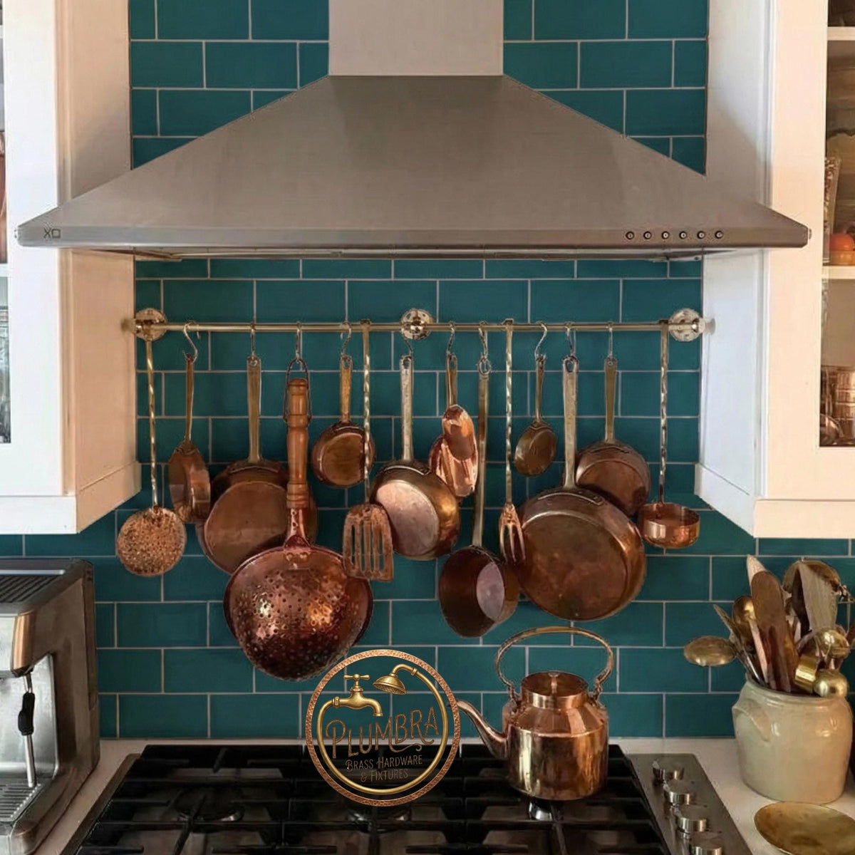 Handcrafted Unlacquered Brass Kitchen Rail – Authentic Patina & Heavy Duty Construction