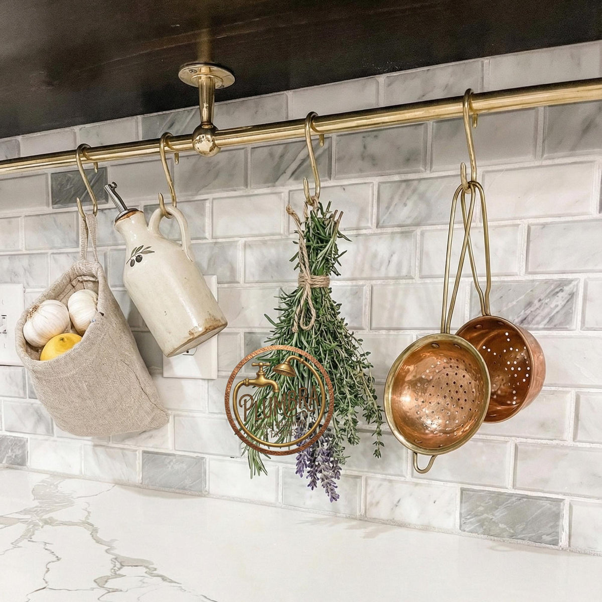 Handcrafted Unlacquered Brass Kitchen Rail – Authentic Patina & Heavy Duty Construction