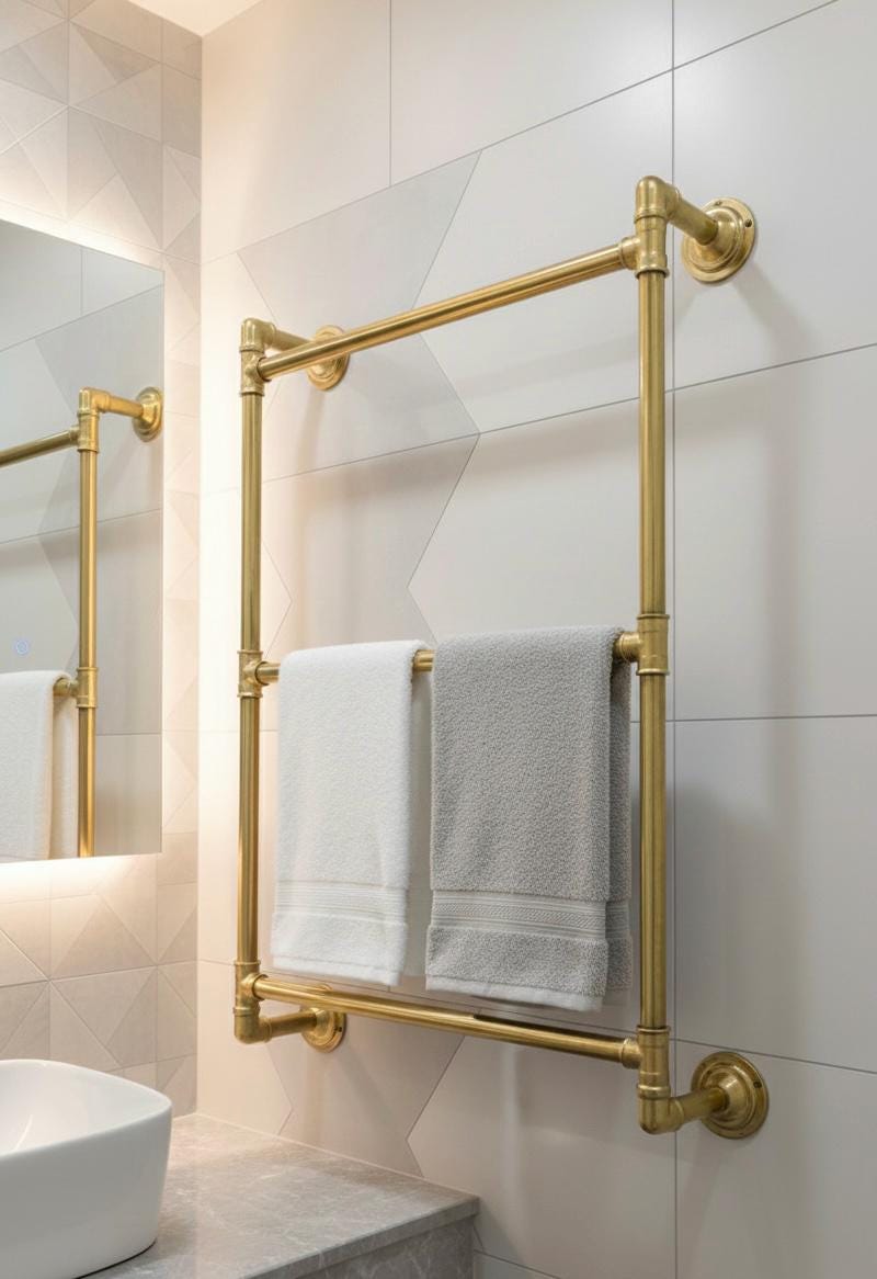 Unlacquered Brass Towel Rack with Shelf & Hooks, Moroccan Vintage Bathroom Organizer, Handmade Solid Brass Holder
