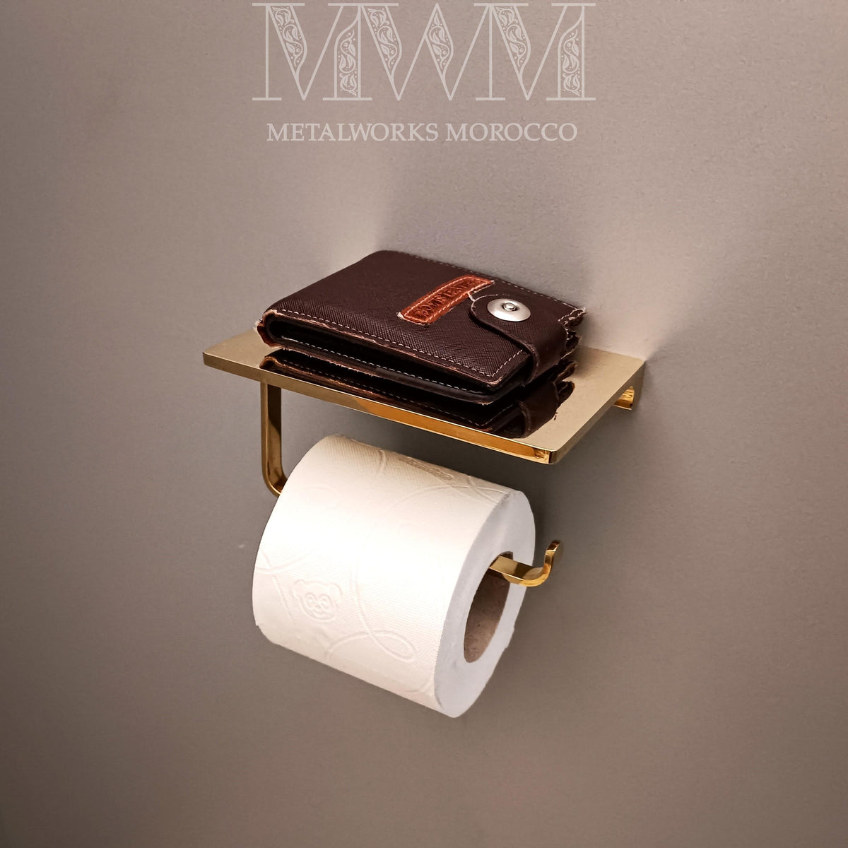 Solid Brass Toilet Paper Holder with Phone Shelf – Unlacquered Brass Bathroom Hardware