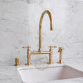 Unlacquered Brass Bridge Faucet with Side Sprayer, Artisan Hand-Forged Kitchen Tap