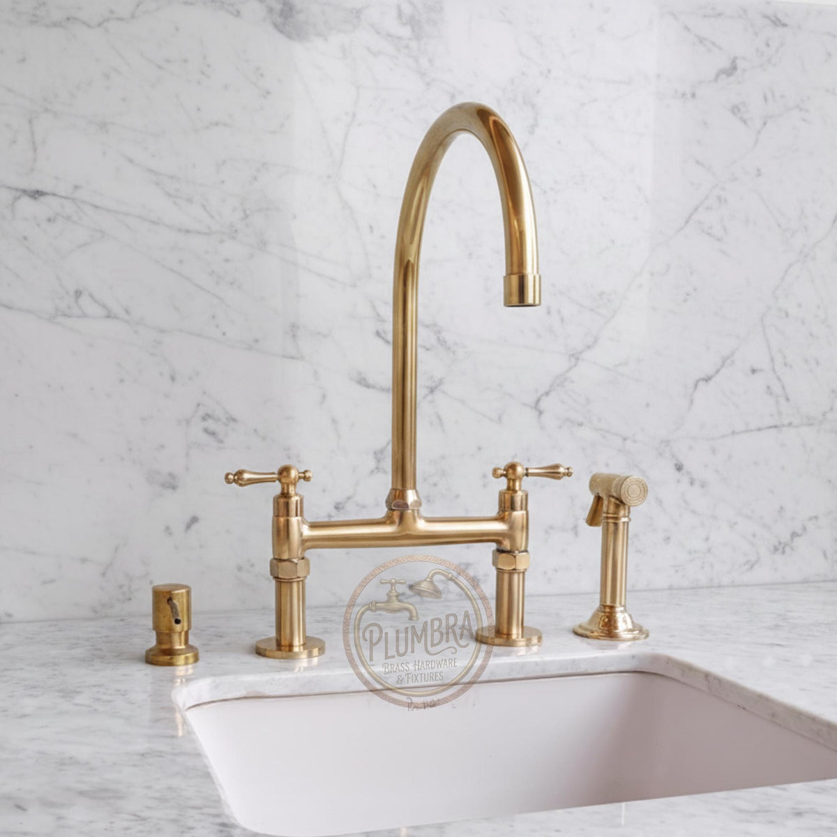 Unlacquered Brass Bridge Faucet with Side Sprayer, Artisan Hand-Forged Kitchen Tap