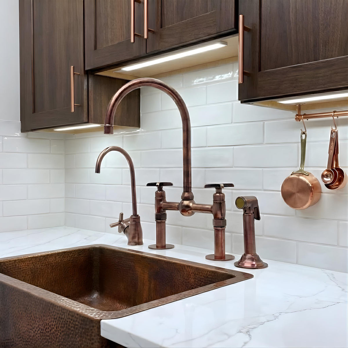 Antique Copper Kitchen Bridge Faucet, Ball Center, Sprayer, Cold Water Tap