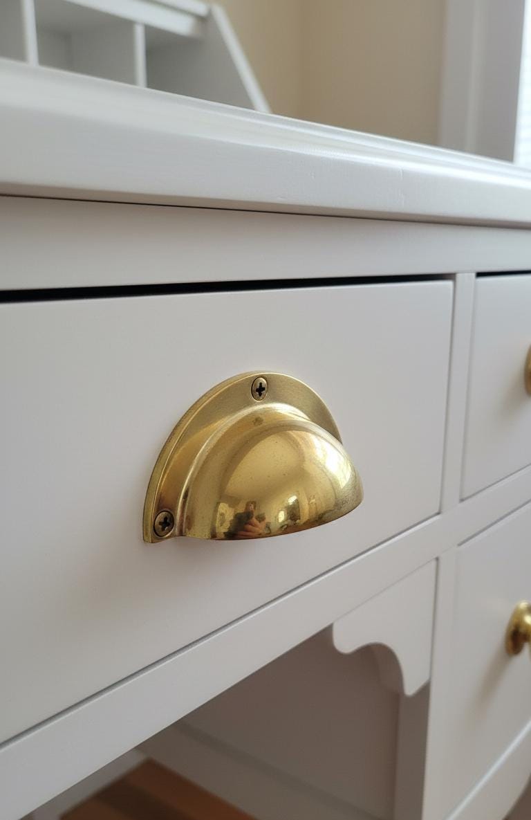 Unlacquered Solid Brass Cup Pull, Vintage Drawer & Cabinet Handle