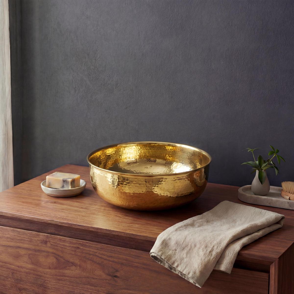 Unlacquered Hammered Brass Countertop Washbasin, Solid Brass Bathroom Vessel Sink