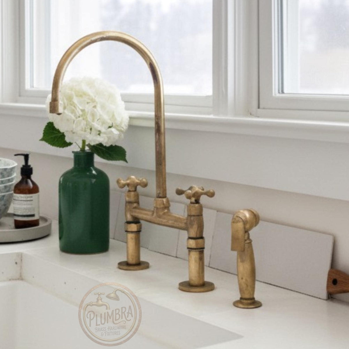 Unlacquered Brass Kitchen Bridge Faucet – Antique Style Solid Brass Sink Fixture