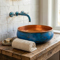 Bathroom Copper Sink Hand Hammered Blue Patina Round Vessel With Copper Faucet