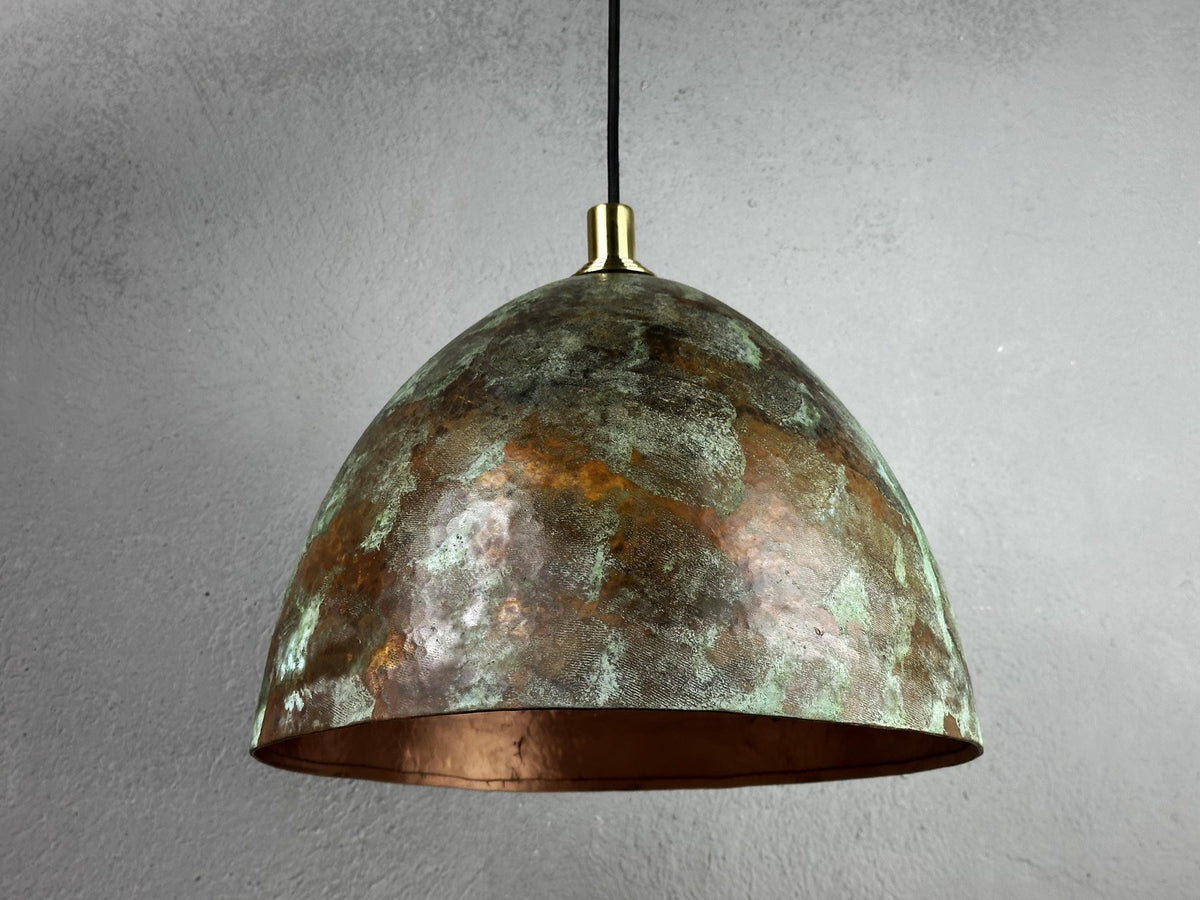 Oxidized Copper Dome Pendant Light: Handmade Rustic Industrial Lighting