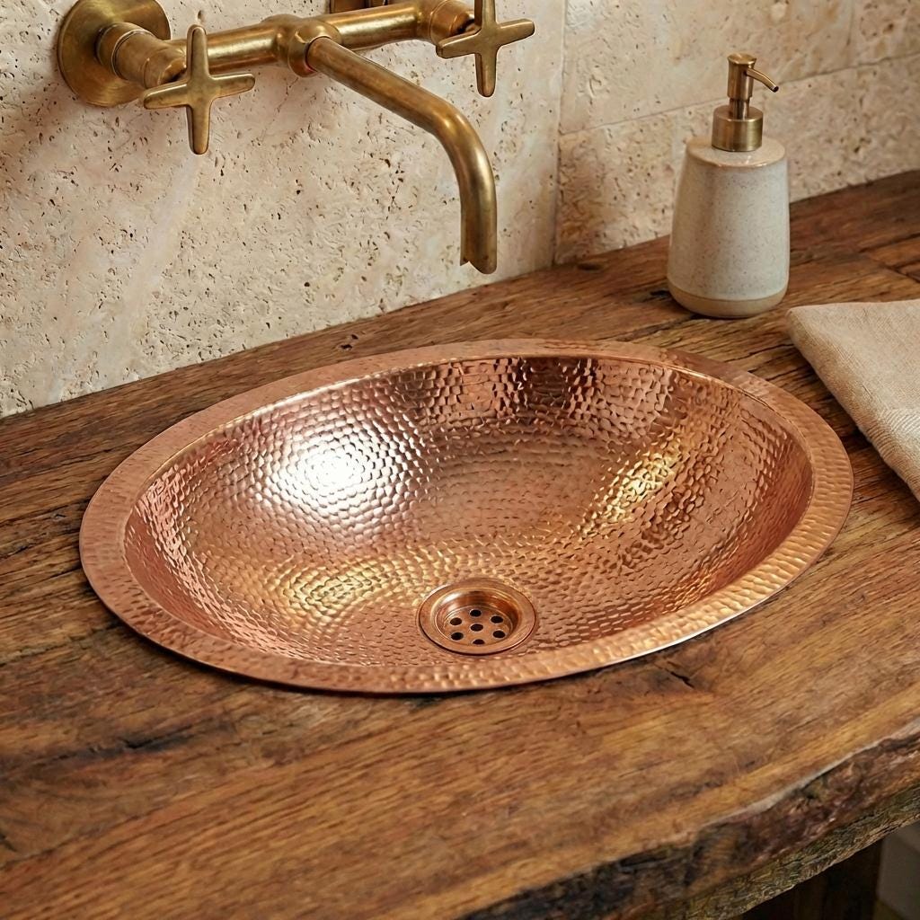 Copper Bathroom Sink Hammered Oval Drop In Basin Solid Copper Vanity Sink