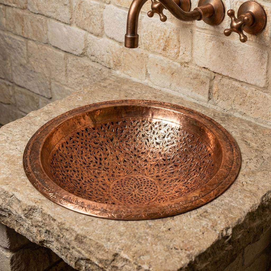 Vintage Engraved Copper Sink – Round Artisan Bathroom Washbasin