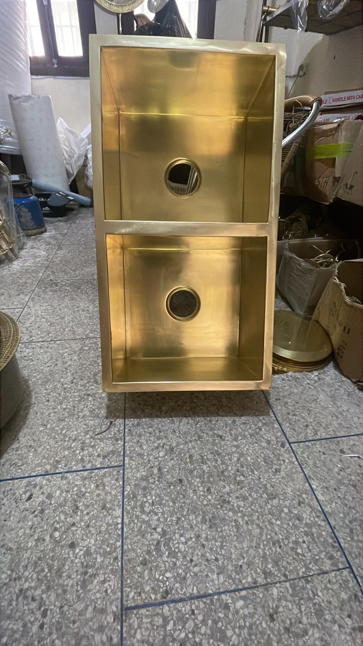 Handcrafted Double Brass Undermount Bar Sink Set - Off-Centered Drains - Polished Brass Finish - Kitchen Sink Pair for Elegance.