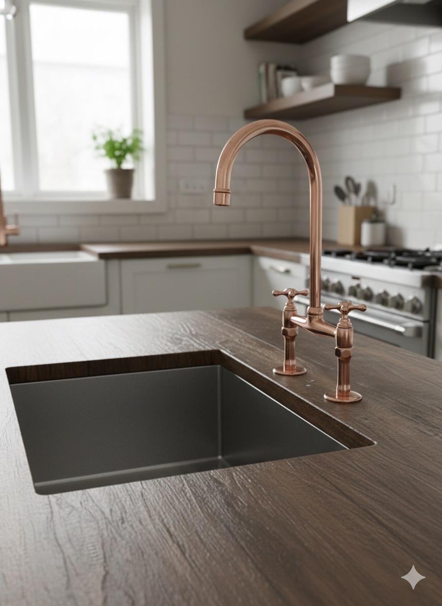 Deck Faucet in Aged Copper with Linear Legs and Various Style Handles