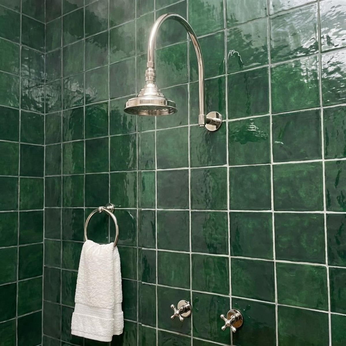 Polished Nickel Rain Shower System, Arcuate Arm, Cross Handles