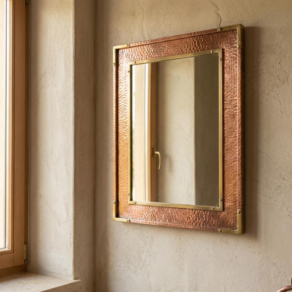 Hammered Copper Wall Mirror with Brass Corners, Handamde Rectangular Wall Mirrors