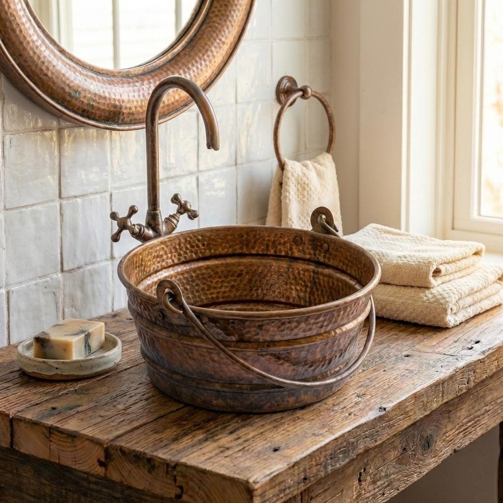 Rustic Copper Bucket Sink – Handmade Hammered Bathroom Vessel Basin with Handle