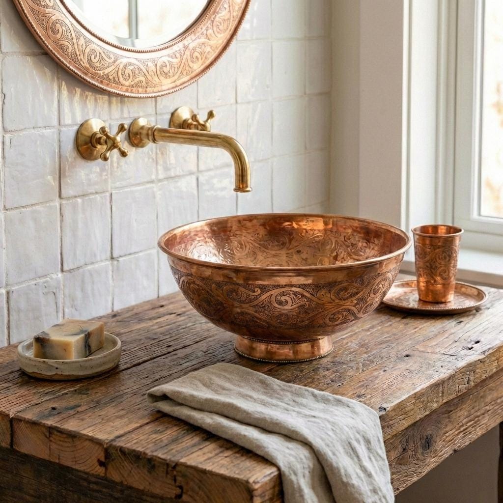 Handmade Engraved Copper Vessel Sink – Artisan Rustic Bathroom Basin